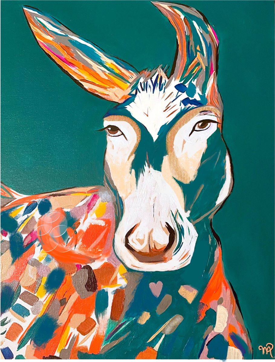 Donkey with tall ears looking out, its coat a patchwork of orange, coral, cream and teal strokes on a deep teal ground