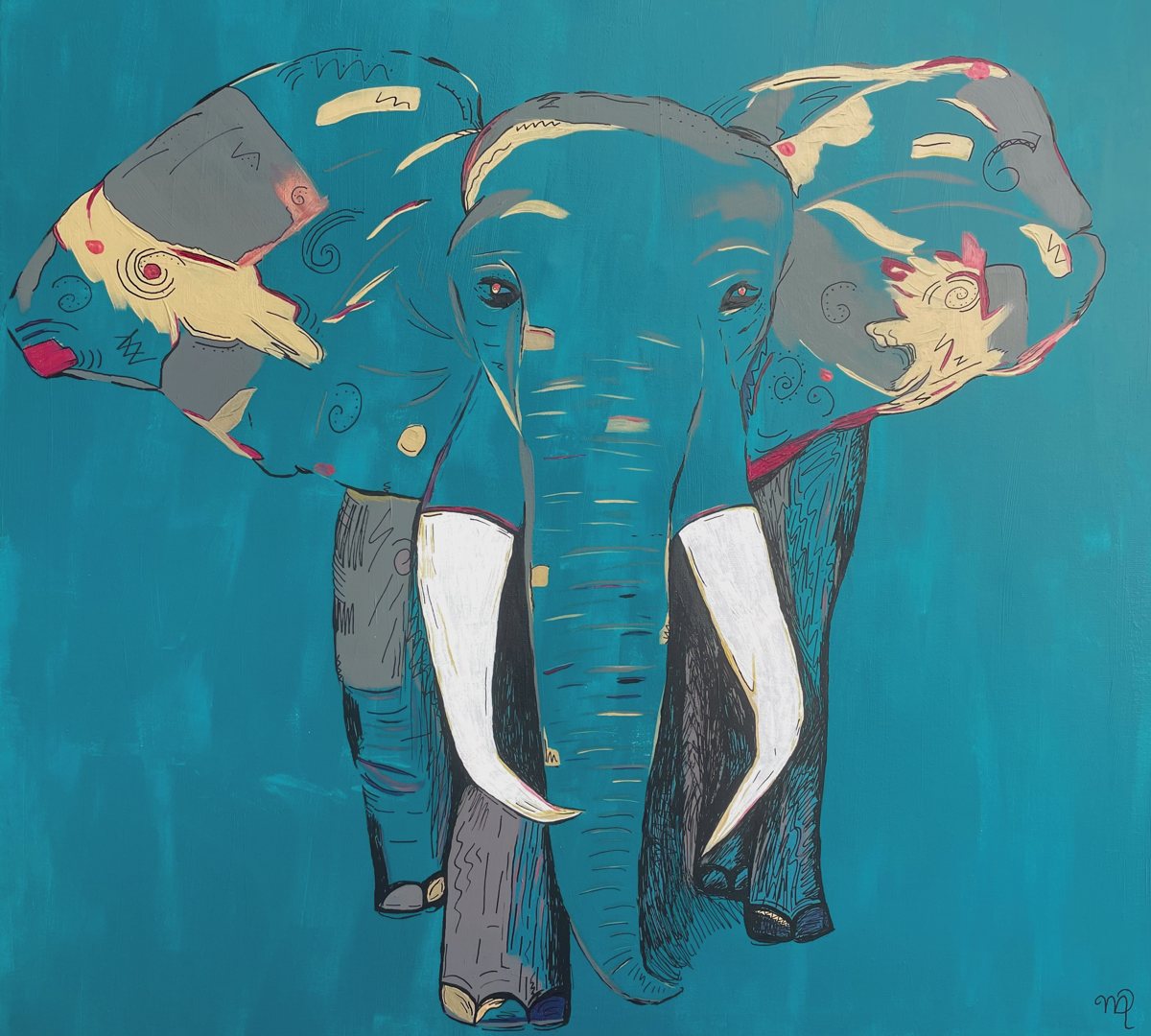 Elephant walking forward with white tusks, its ears patterned with cream, pink and grey shapes and spirals, on a teal ground