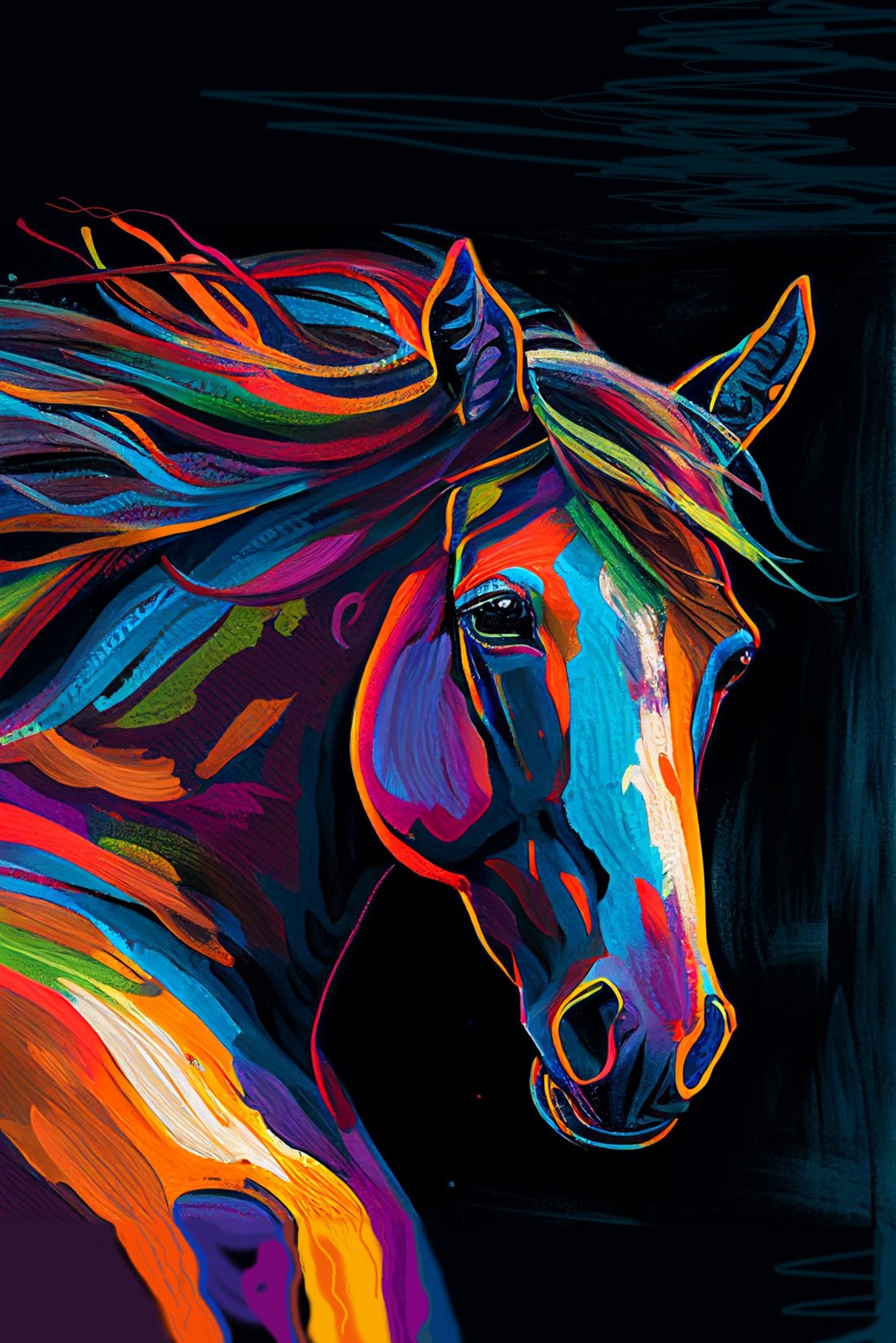 Pop art horse head in neon orange, magenta, cyan and violet brushstrokes, its mane streaming across a black background