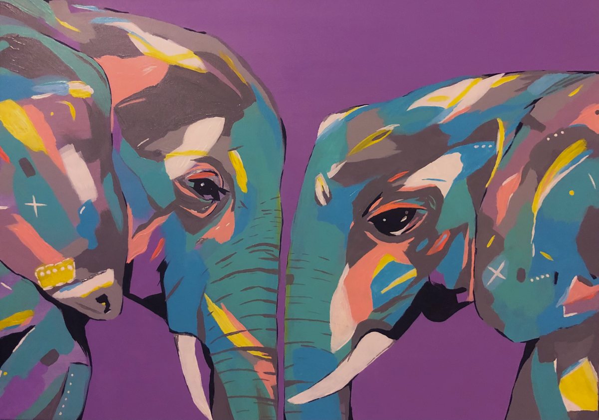 Two elephants face to face, painted in teal, coral, grey and yellow patches on a purple ground