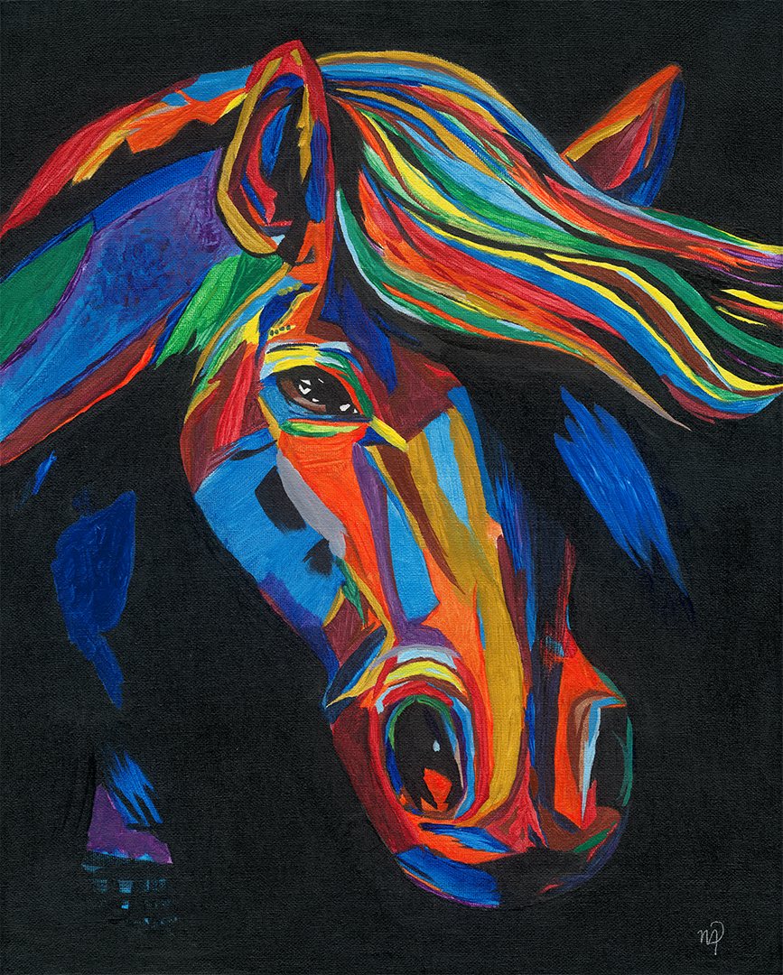 Horse head in blocks of orange, blue, red and green with a rainbow mane, on black