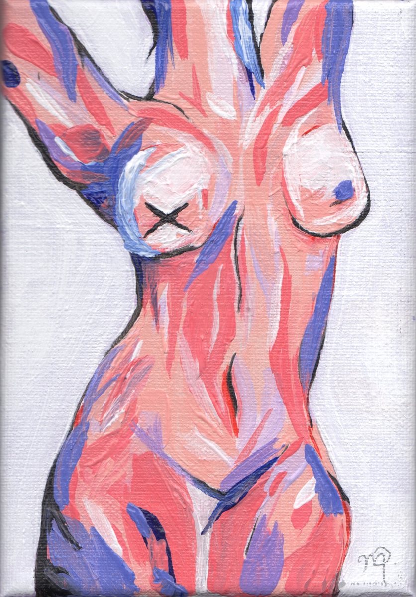 Female torso painted in coral, lilac and blue brushstrokes on white canvas